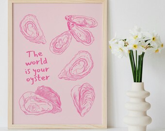 World Is Your Oyster Print, Oyster Shell Print, Coastal Digital Download, Shell Art Decor, Pink Illustration, Living Room Poster, Bar Cart