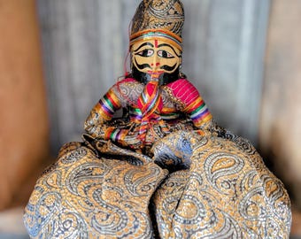 Indian Rajasthani String Puppet, Handmade Wood and Fabric Doll