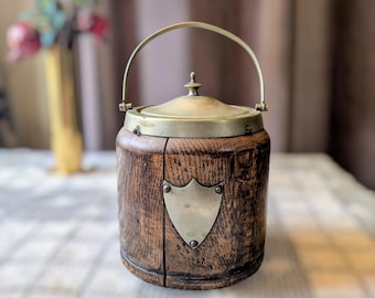 Vintage 1930's English Oak and Brass Biscuit Barrel or Tobacco Jar