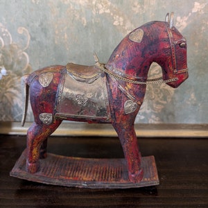 Vintage Wood and Brass Trojan Horse, Decorative Rocking Horse