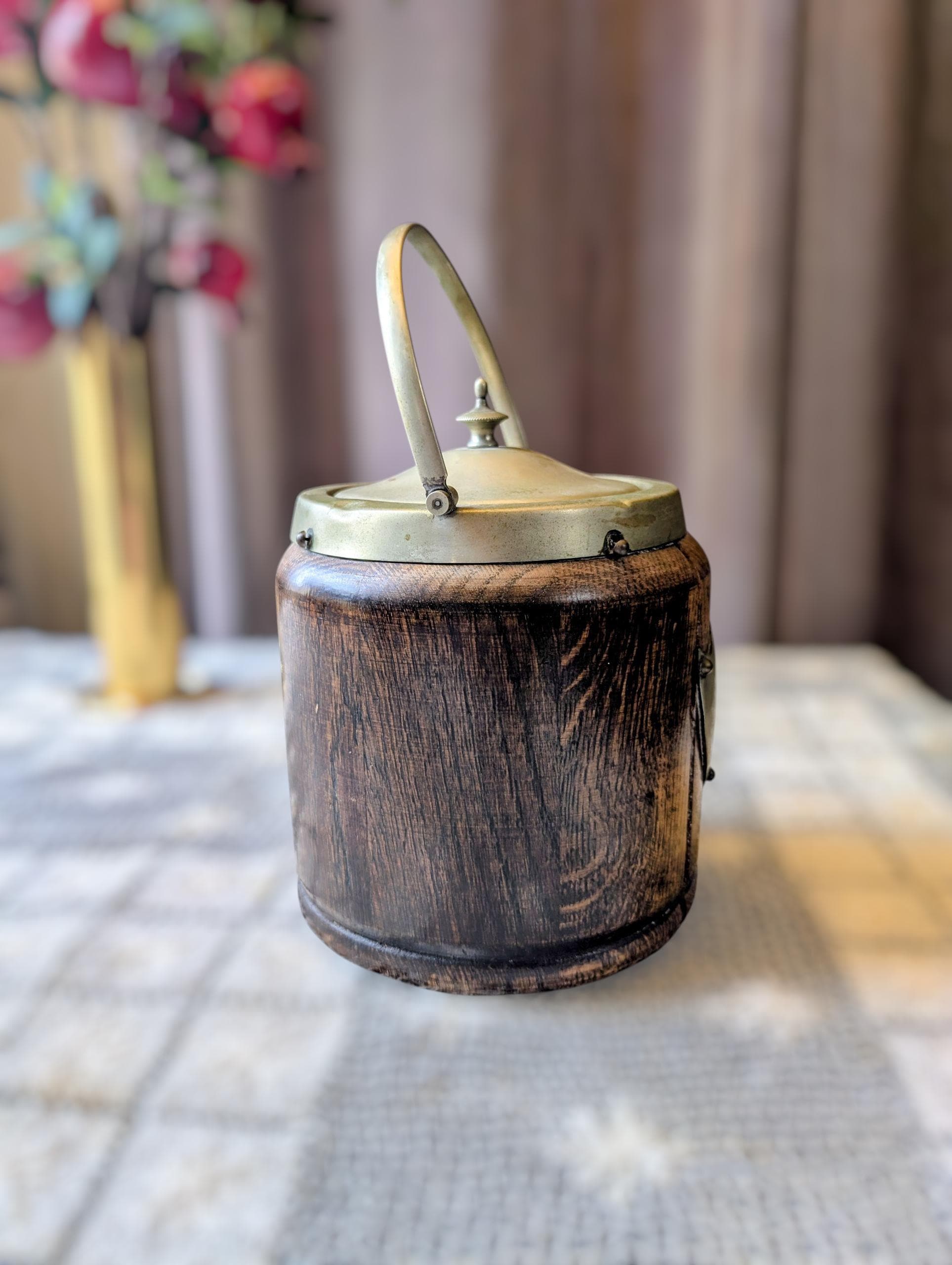 Vintage 1930's English Oak and Brass Biscuit Barrel or Tobacco Jar