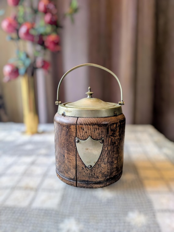 antique wooden tobacco jar Vintage 1930's English Oak and Brass Biscuit Barrel or Tobacco Jar