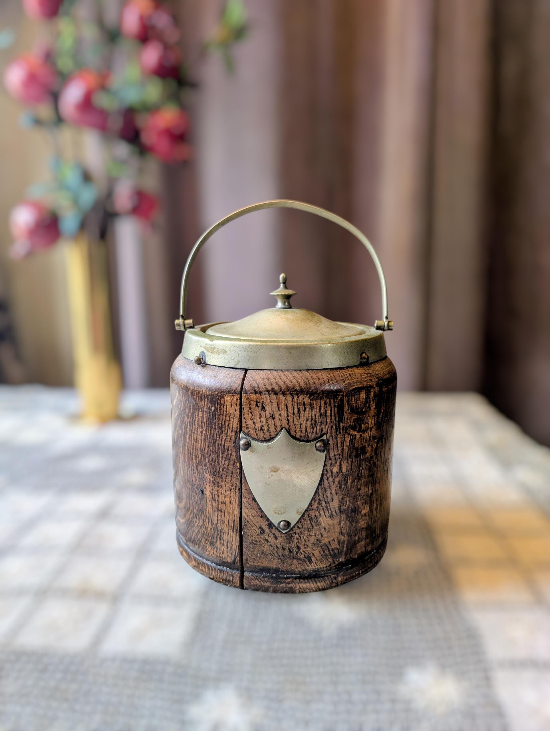 Vintage 1930's English Oak and Brass Biscuit Barrel or Tobacco Jar