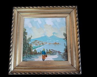 Vintage Italian Landscape Painting on Ceramic Tile