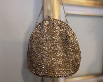 Vintage Gold Beaded Handbag with Strap, Small Evening Bag