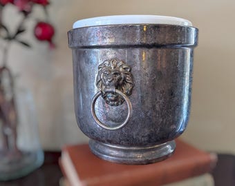 Vintage FB Rogers Silverplate Ice Bucket with Lion Handles and Milkglass Lining