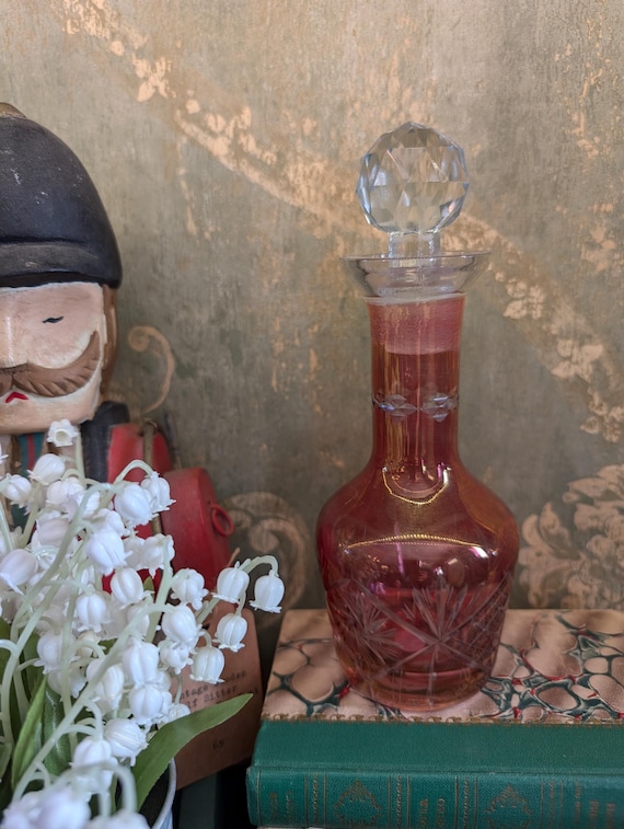 Antique Cranberry Glass Perfume Bottle, Bohemian Cut Glass Crystal