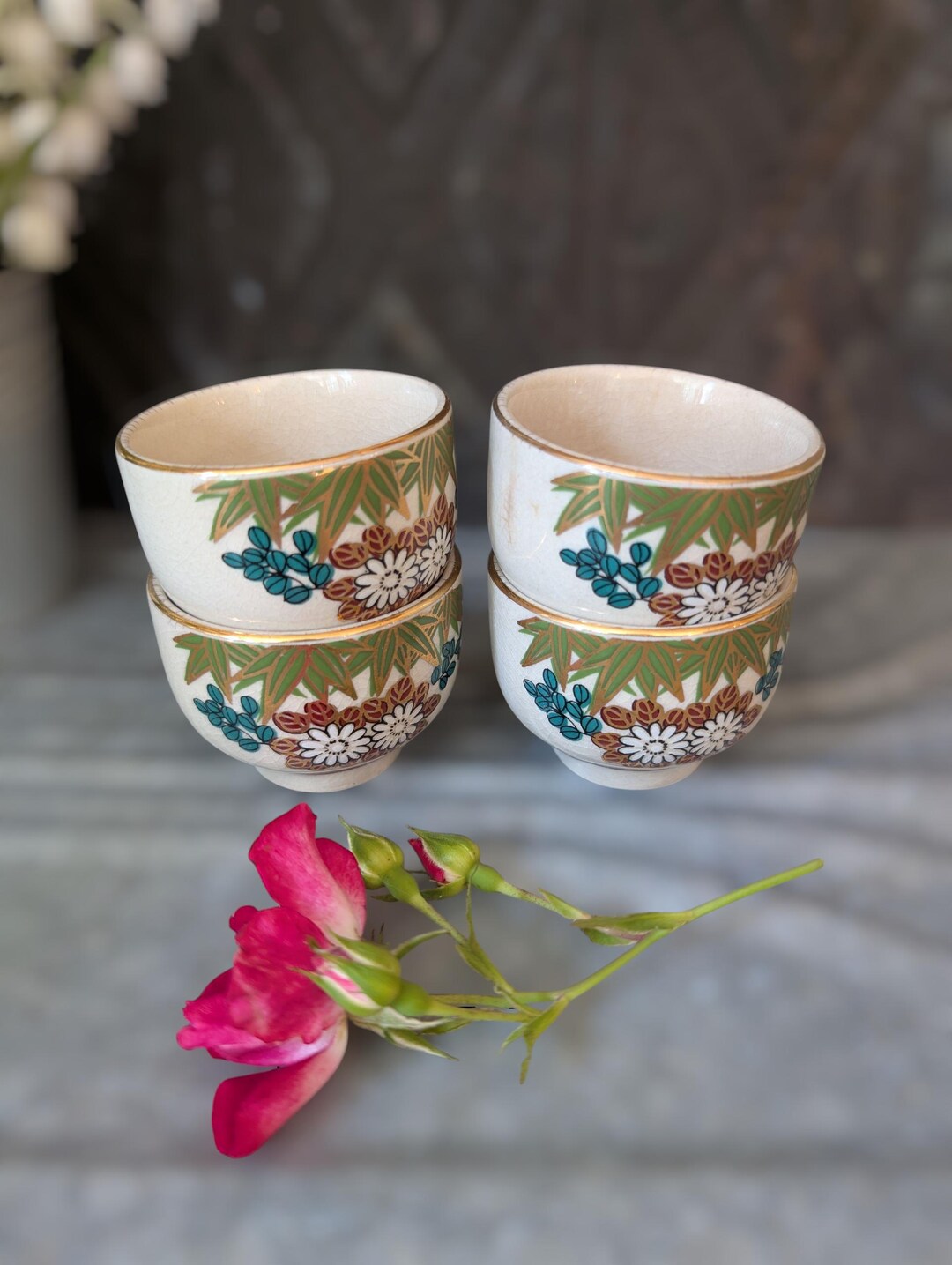 Vintage Kutani Ware Sake Cup Set: Mid-century Chrysanthemum Design