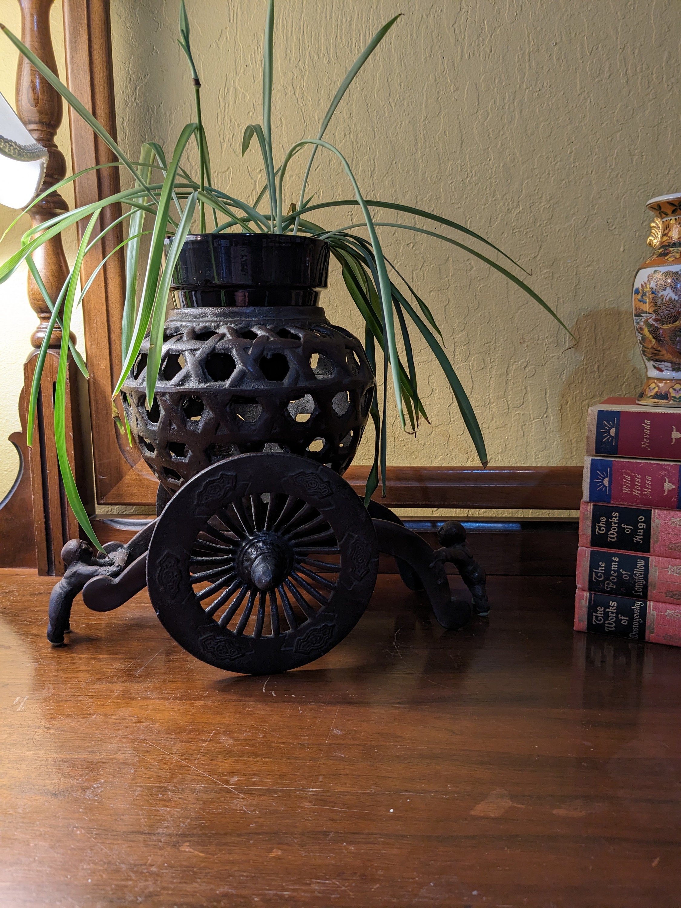 Vintage Japanese Cast Iron Planter on Wheeled Cart - Etsy