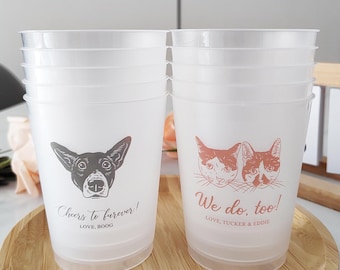 Custom Cat & Dog Wedding Frosted Cups, Custom Wedding Plastic Cups, Custom Pet Portrait Frosted Acrylic Cups, Pet Wedding Frosted Cup Favors