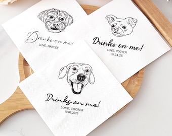Custom Dog illustration Wedding Napkins | Pet Portrait Napkins | Cat Cocktail Napkins | Bridal Shower Decor - Photo Cocktail Napkins Set
