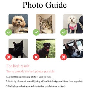 May include: A photo guide with examples of good and bad pet photos. The top row shows a dog, cat, and dog with green check marks. The bottom row shows a black cat, a dog, and a dog with red X marks. Text reads, "For best result, try to provide the best photos possible."