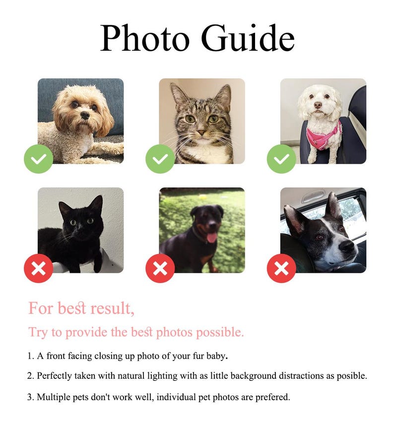 May include: A photo guide with examples of good and bad pet photos. The top row shows a dog, cat, and dog with green check marks. The bottom row shows a black cat, a dog, and a dog with red X marks. Text reads, "For best result, try to provide the best photos possible."