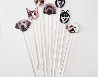 Wedding Pet Acrylic Swizzle Sticks, Double-Sided Dog & Cat Stir Sticks, Watercolor Cocktail Stirrers, Wedding Drink Stirrers
