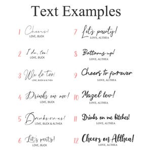 May include: A white background with black and pink text examples. The text includes phrases like "Cheers!", "I do, too!", "Drinks on me!", and "Let's party!" in a handwritten style font. The words "LOVE, BUCK" and "LOVE, ALTHEA" appear below some phrases.
