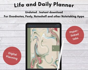 Life and Daily Digital Planner in Beige and Pastels Fluid Art, digital organizer, yearly planner, undated planner, art themed planner