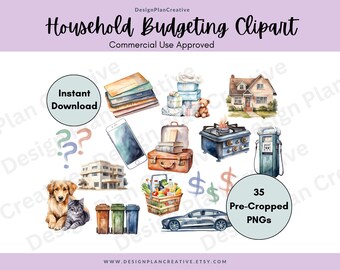 Clipart budgétisation ménage pour autocollant dépenses mensuelles finances Clipart aquarelle pour planificateur numérique Finance autocollant usage commercial