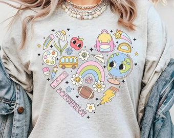 Southwest Elementary Teacher Shirt: Retro Kawaii School Supplies Heart