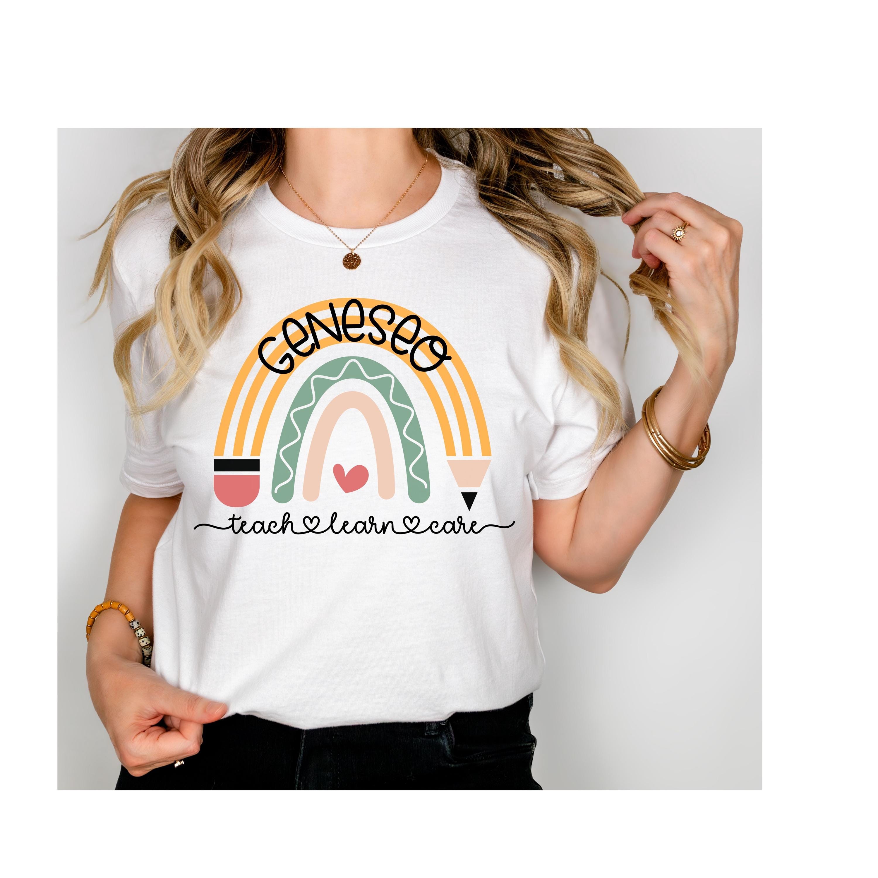 Geneseo Teacher Shirt: Pencil Rainbow, Teach Learn Care Tee