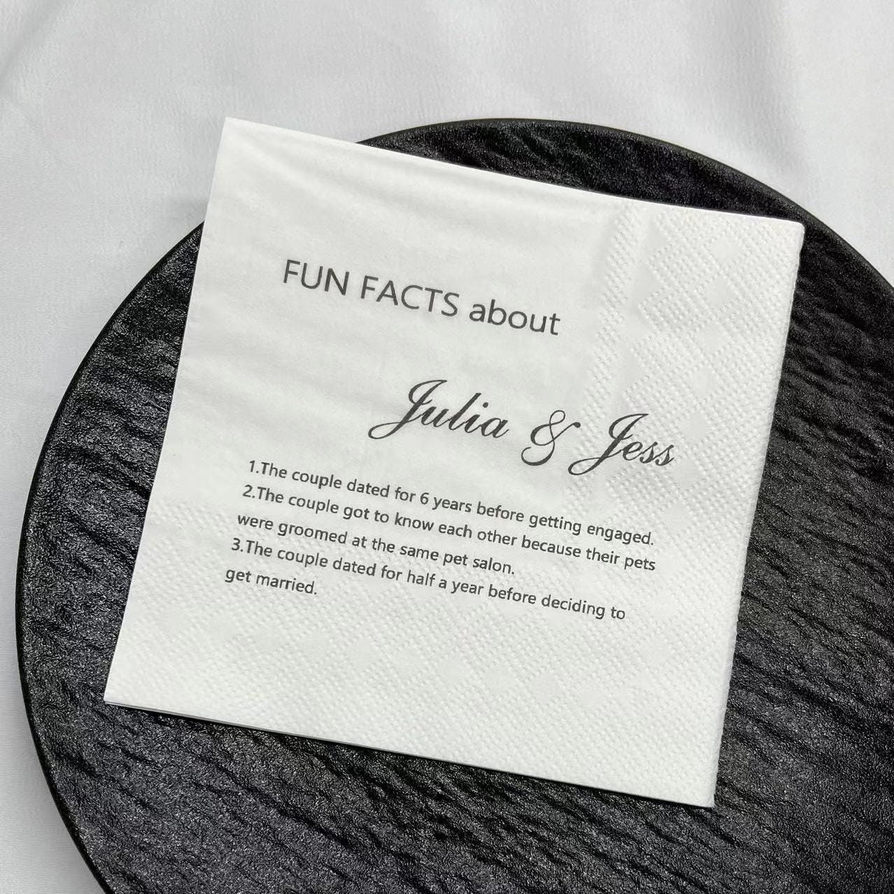 Custom Fun Facts Napkin, Customized Wedding Napkin, Printed Wedding Cocktail Napkin, Anniversary Napkin, Print Trivia Napkin, Bridal Shower