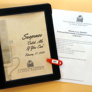 May include: A black leather folder with a vintage radio show script inside. The script is for an episode of "Suspense" titled "Catch Me If You Can" from February 17, 1949. The folder has a red USB drive with the words "RadioKit" on it.