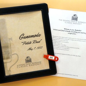 May include: A black leather folder with a vintage radio show script inside. The script is for an episode of Gunsmoke titled "Potato Road" from May 7, 1955. The folder also includes a red USB drive labeled "RadioKit".