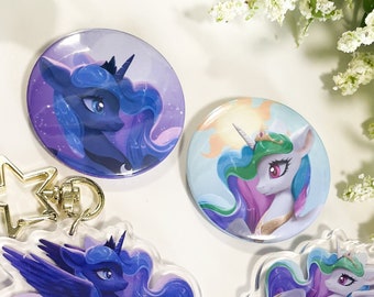 Princess Celestia and Princess Luna - Cute Colorful Button Badges / 1.5" in - My Little Pony: Friendship is Magic
