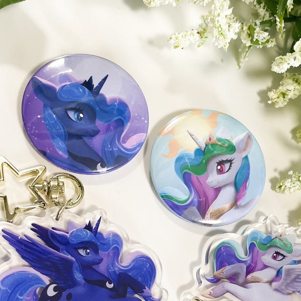 Princess Celestia and Princess Luna - Cute Colorful Button Badges / 1.5" in - My Little Pony: Friendship is Magic