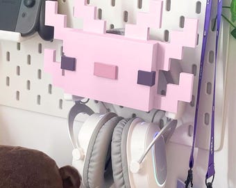 Axolotl Headphone Holder on IKEA SKADIS ( three colors ) - Cute, 3D print, Cozy, Set up, Gaming, Headset holder, minimalist aesthetic
