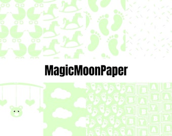 8 Gender Neutral Baby Shower Sage Green Digital Printable Paper Scrapbooking Paper Papercraft Supplies