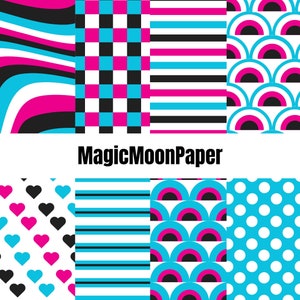 Peut inclure: Un ensemble de 10 papiers numériques avec différents motifs géométriques en noir, blanc, rose et bleu. Les motifs comprennent des rayures, des pois, des cœurs et un motif ondulé. Le texte "MagicMoonPaper" est affiché sous les motifs.