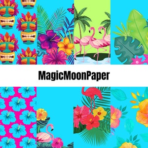 10 Bright Hawaiian Luau Tropical Flamingo Digital Printable Paper Scrapbooking Paper Papercraft Supplies