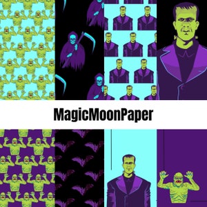 20 Bright Halloween Monsters Digital Printable Paper Scrapbooking Paper Papercraft Supplies Frankenstein Swamp Monster Grim Reaper