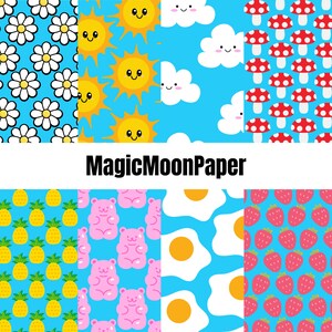 10 Electric Blue Random Cute Prints Digital Printable Paper Scrapbooking Paper Papercraft Supplies Champignons Sun Daisys Eggs