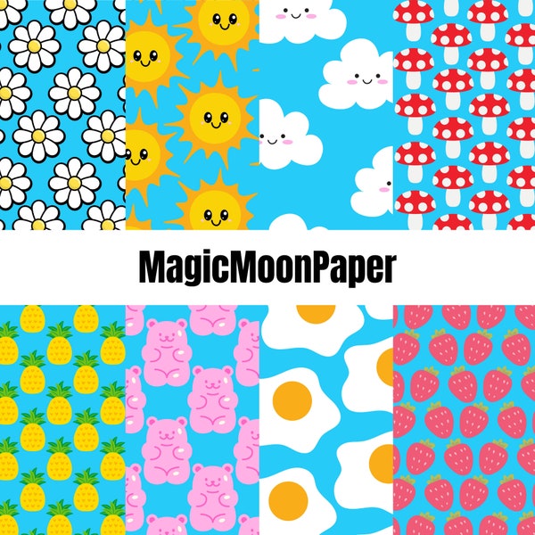 10 Electric Blue Random Cute Prints Digital Printable Paper Scrapbooking Paper Papercraft Supplies Mushrooms Sun Daisys Eggs