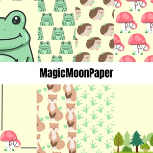 12 Créatures des bois pastel Papier imprimable numérique Scrapbooking Paper Papercraft Supplies Grenouilles Renards Hérissons Champignons Amis de la forêt