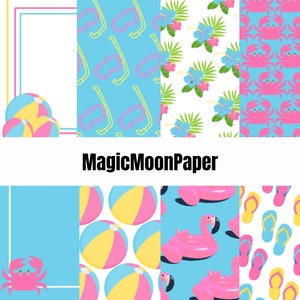 24  Bright Summer Digital Printable Paper Beach Theme Flamingos Pink and Blue Paper