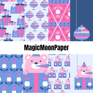 10 Pastel Blue Birthday Bear Themed Digital Printable Paper Scrapbooking Paper Papercraft Supplies