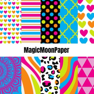 28 Page Neon Basic Prints Digital Paper Pack Scrapbooking Papercraft