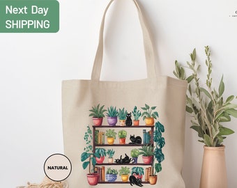 Cats And Plants Tote Bag, Cat Tote Bag, Cat Lover Gift, Cats and Plants Canvas Bag, Cat Owner Tote Bag