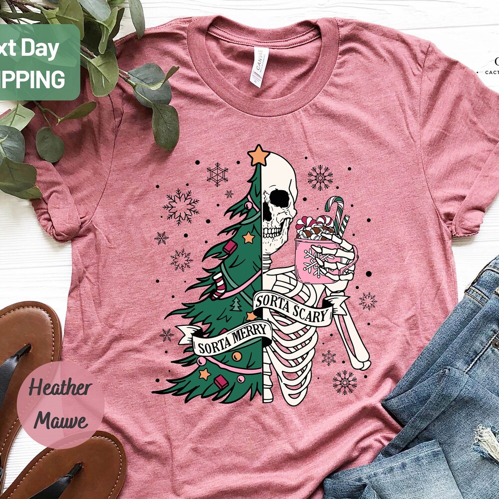 Christmas Sweatshirt Sorta Merry Sorta Scary Shirt, Funny Christmas Shirt, Christmas Skeleton Shirt, Cute Spooky Season Tee Custom Christmas