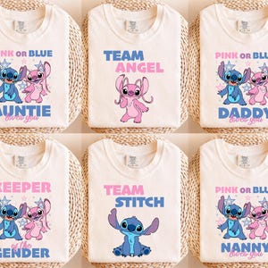 Camiseta de fiesta de revelación de género de Disney Angel & Stitch, camiseta rosa o azul, camiseta a juego para baby shower de Disneyland, camiseta de revelación de género familiar de Disney imagen 1