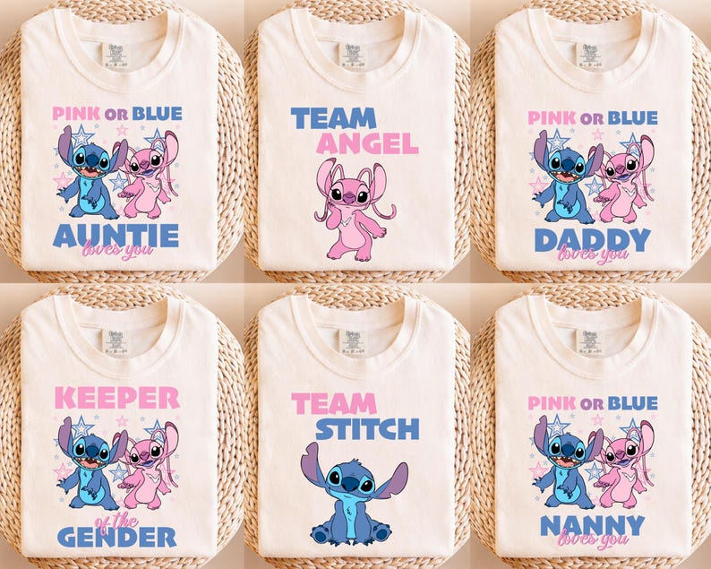 Camiseta de fiesta de revelación de género de Disney Angel & Stitch, camiseta rosa o azul, camiseta a juego para baby shower de Disneyland, camiseta de revelación de género familiar de Disney imagen 1