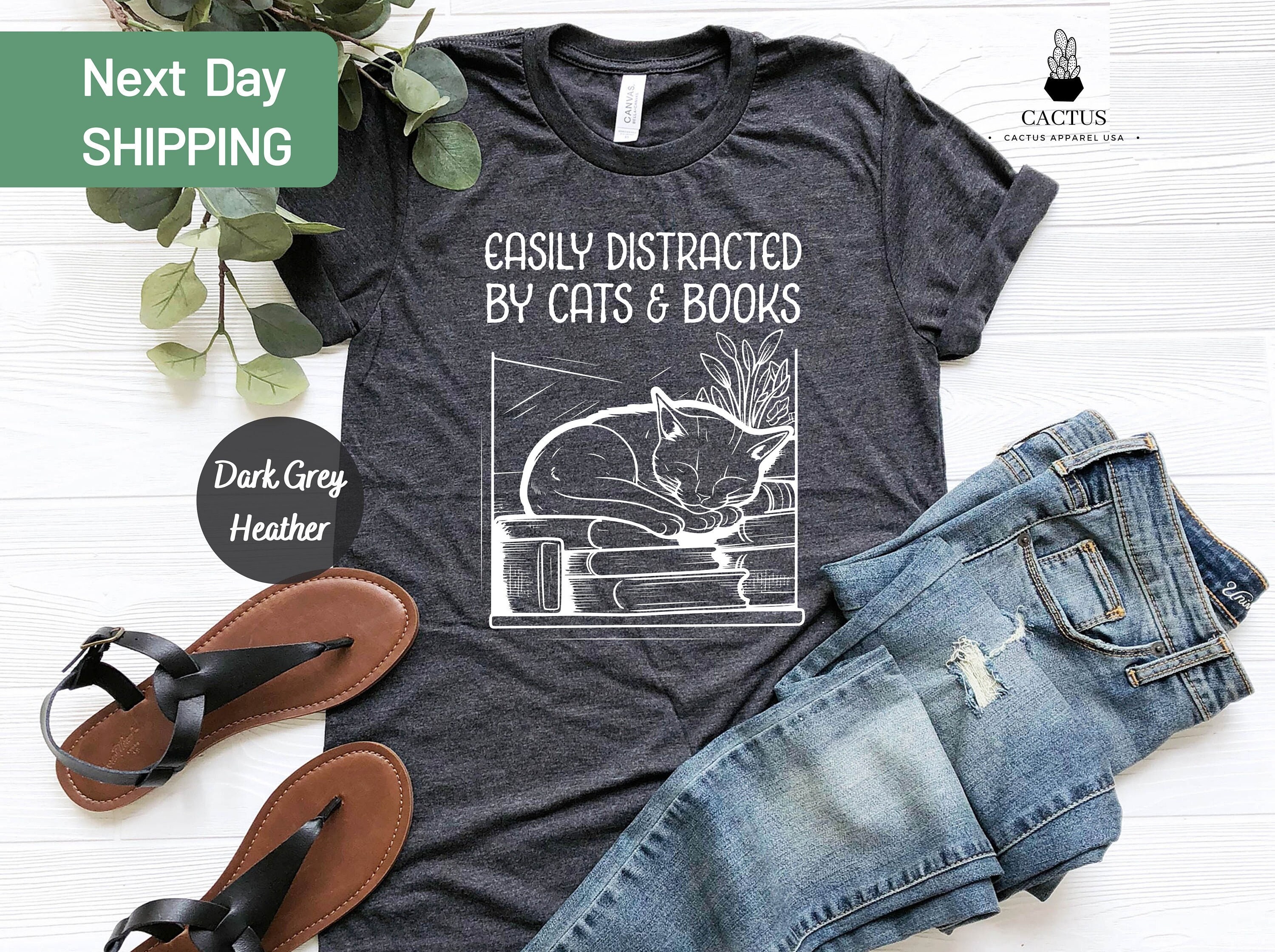 Easily Distracted By Books And Cats Shirt, Funny Cat Shirt, Librarian Shirt, Cute Cat Shirt, Bookish Shirt, Book Lover Shirt