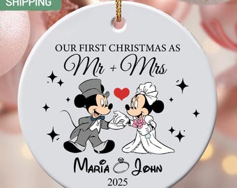 Personalized Christmas Mickey And Minnie Ornament, Christmas Disney, Wedding Ornament Gift, Our First Married Christmas Tree Decor