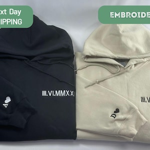 Embroidered Roman Numerals Sweatshirt, Anniversary Date Couple Hoodie, Initials Sleeve, Birthday Gift For Girlfriend Boyfriend