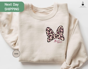 Minnie Mouse Leopard Bow Sweatshirt, Disney Minnie Sweatshirt, Magic Kingdom Tee, Disneyland Trip Gift, Disney Girls Trip Crewneck