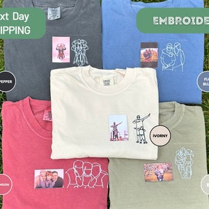Geborduurd aangepast portret van fotoshirt, comfortkleuren T-shirt familieportret, geborduurd gepersonaliseerd T-shirt, Vaderdagcadeau