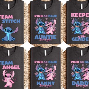 Camiseta de fiesta de revelación de género de Disney Angel & Stitch, camiseta rosa o azul, camiseta a juego para baby shower de Disneyland, camiseta de revelación de género familiar de Disney imagen 2