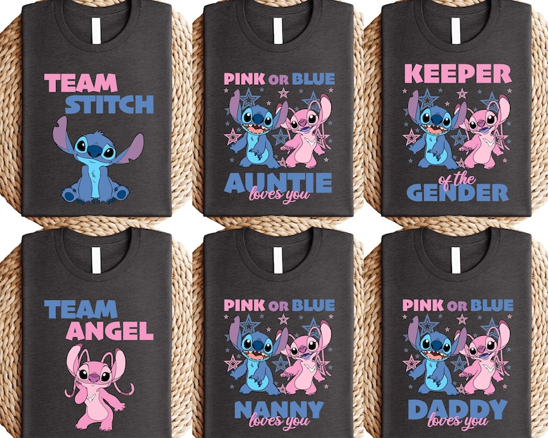 Camiseta de fiesta de revelación de género de Disney Angel & Stitch, camiseta rosa o azul, camiseta a juego para baby shower de Disneyland, camiseta de revelación de género familiar de Disney imagen 2
